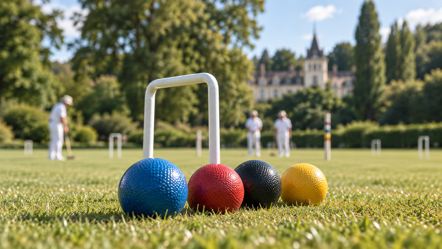 Quatre balles de croquet devant un arceau sur le gazon