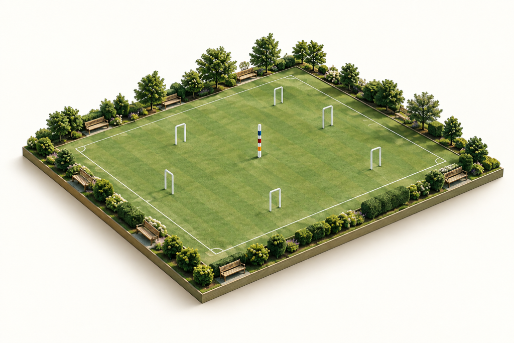 Vue isométrique d’un terrain de croquet avec ses arceaux et son piquet